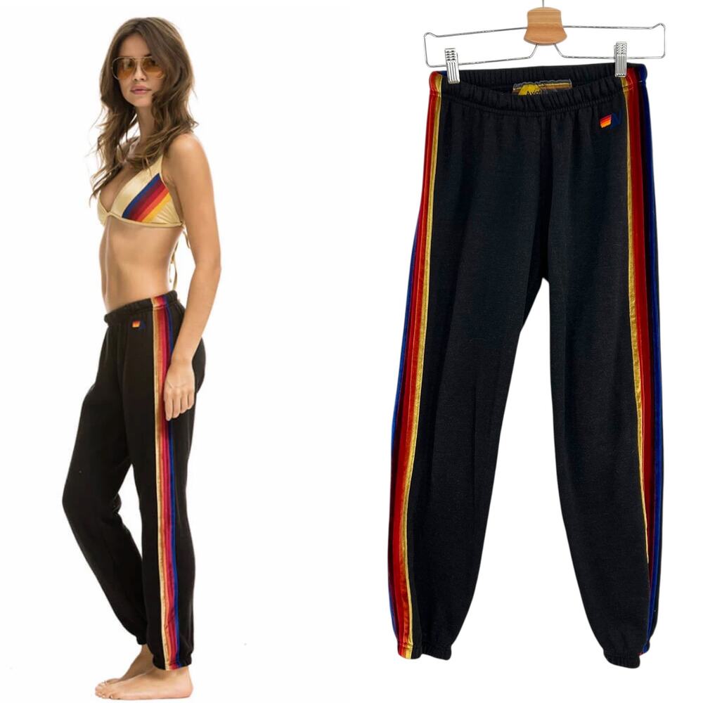 Aviator Nation Classic Sweatpants Velvet Stripes Jogger Gray Black Size Small‎